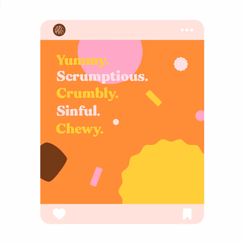 Graphic with an orange background and colorful shapes, listing words describing food: Yummy, Scrumptious, Crumbly, Sinful, Chewy.