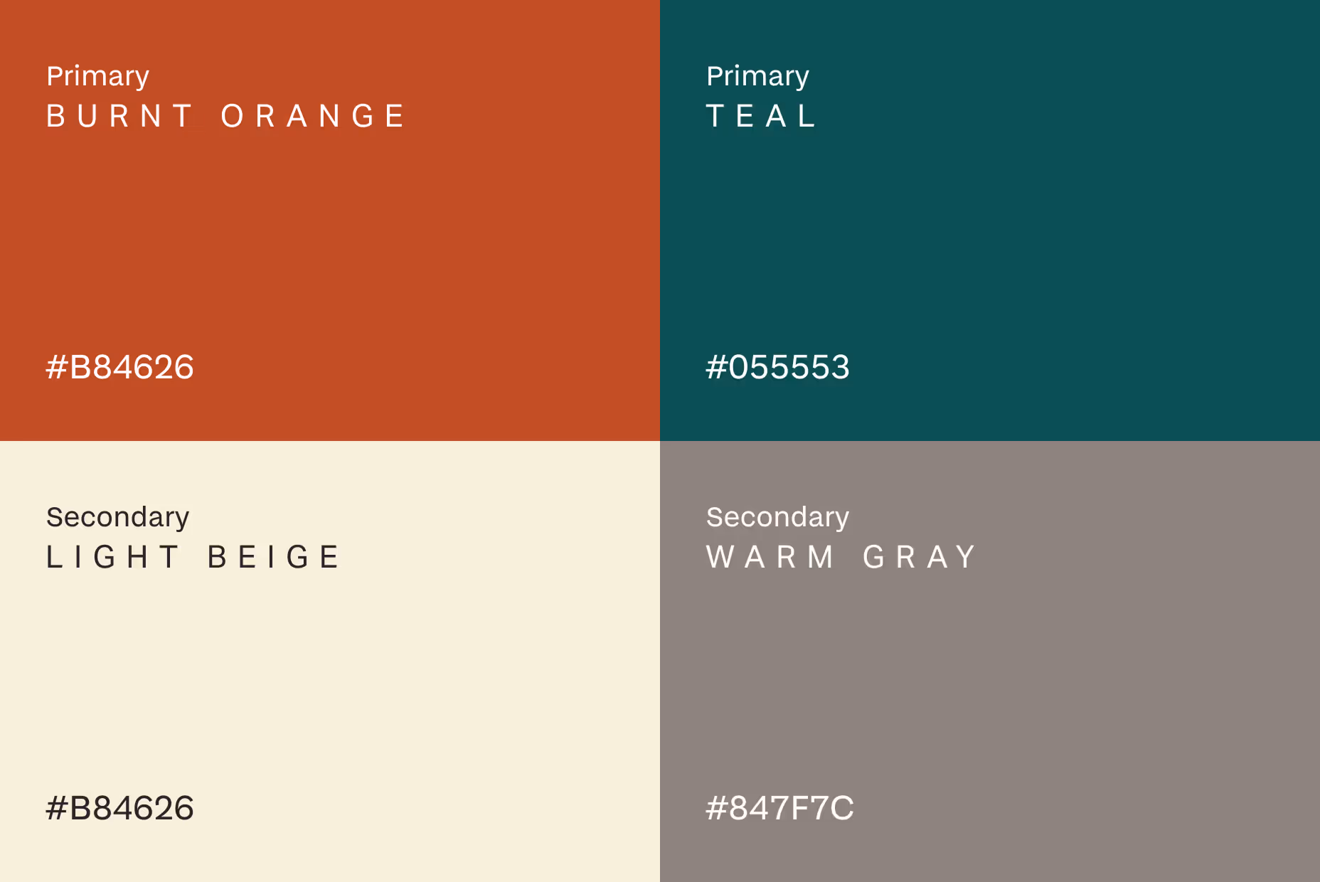 Color palette with four squares: burnt orange (#B84626), teal (#055553), light beige (#F6F3E7), and warm gray (#847F7C).