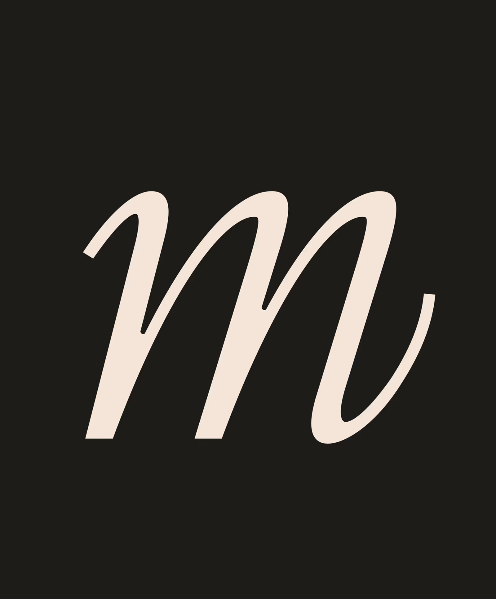 Stylized lowercase letter 'm' in beige on a dark background.