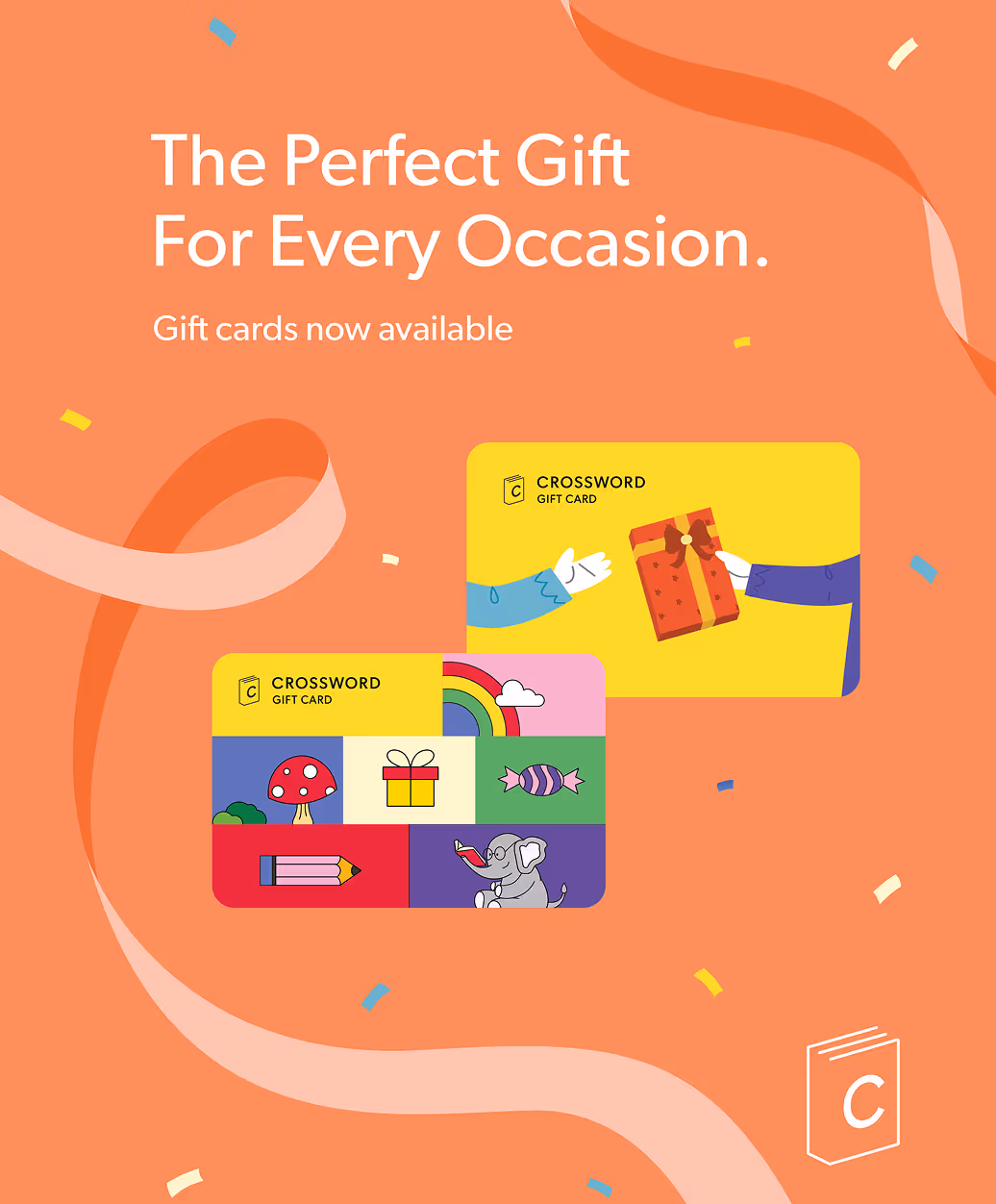 Two colorful Crossword gift cards on an orange background with confetti and ribbon, promoting gift cards as the perfect gift for every occasion.