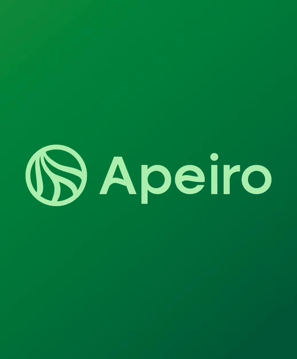 Apeiro logo with a stylized circular leaf design on a green background.