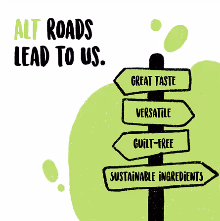 Illustration of a signpost with arrows labeled Great Taste, Versatile, Guilt-Free, and Sustainable Ingredients, with the text 'ALT ROADS LEAD TO US.'