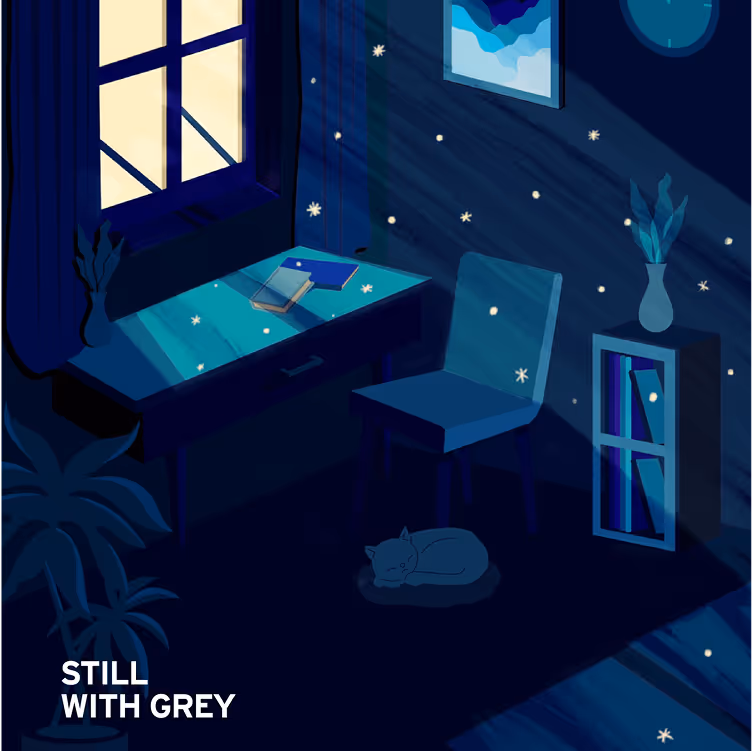 Illustration of a dimly lit room at night with a window casting light on a desk with books, a chair, a sleeping cat on the floor, and small glowing stars or particles scattered throughout.