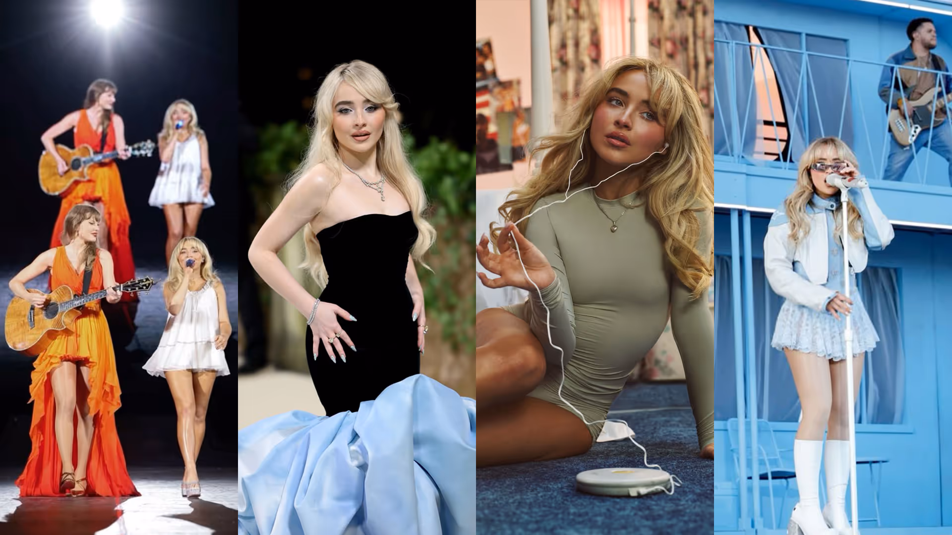 Collage of four images showing a blonde woman performing with a guitar, posing in a black dress with a blue train, sitting on the floor listening to music with earphones, and singing outdoors with a band.