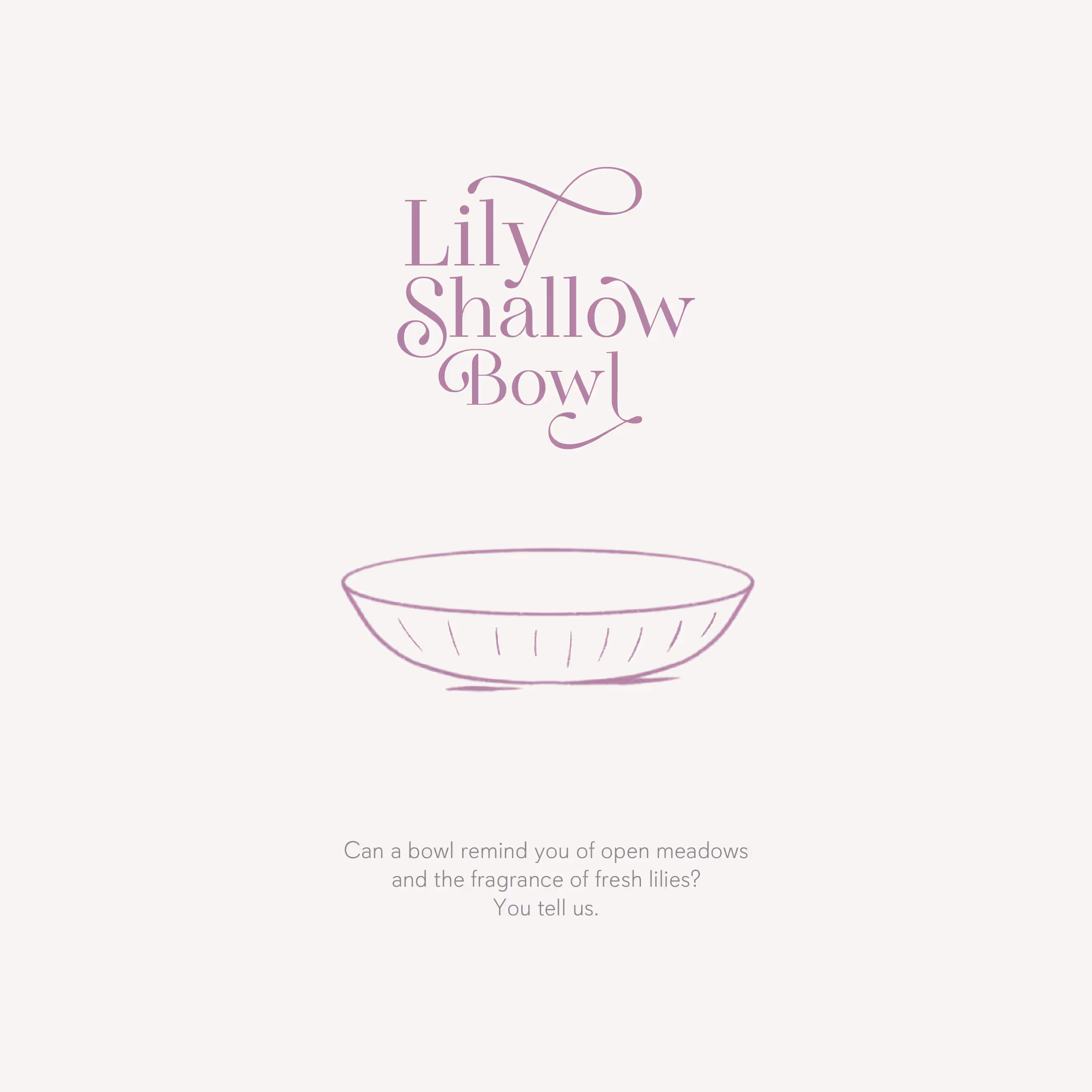 Illustration of a shallow bowl below the text 'Lily Shallow Bowl' with a caption asking if a bowl can remind of open meadows and fresh lilies.