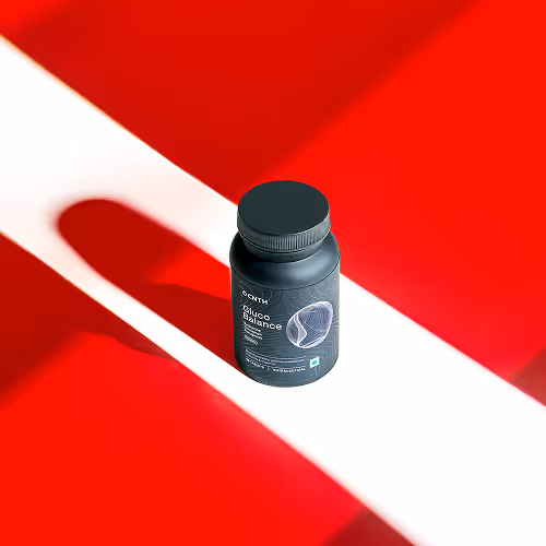 Black bottle of CNTH Gut Bio Balance supplement on a red and white background.