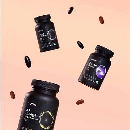 Three black supplement bottles labeled X3 Omega, Gluco Balance, and Cellular Revive floating on a peach background with scattered capsules.