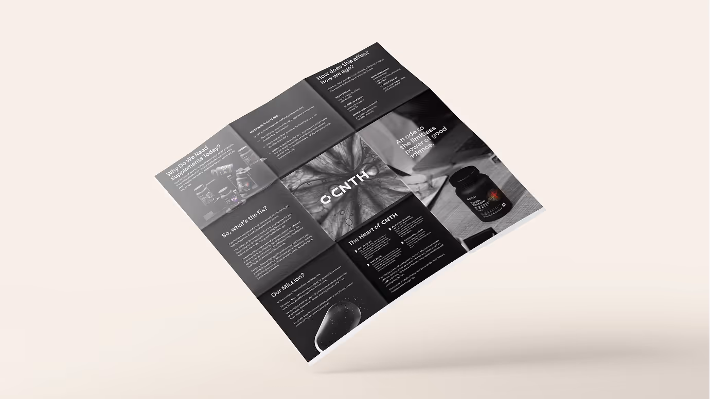 Open tri-fold brochure featuring the CNTH brand with content about supplements, aging, mission, and product image in grayscale on a light background.