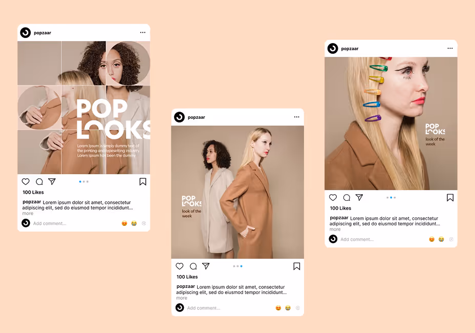 Three Instagram-style posts by popzaar featuring diverse women modeling neutral-toned fashion with text 'POP LOOKS' and 'look of the week'.