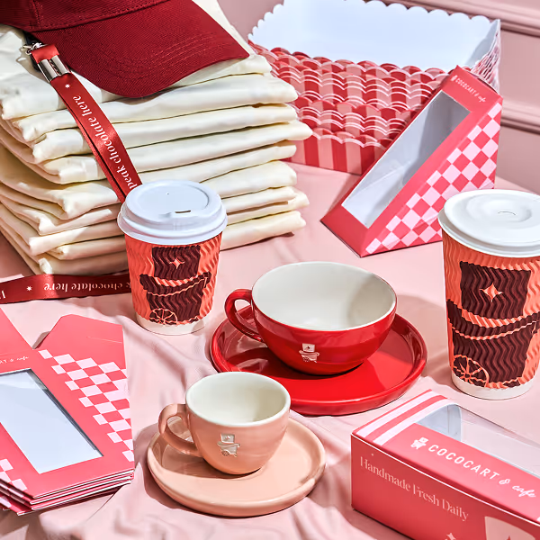 Pink-themed table setup with stacked folded shirts, coffee cups with lids, saucers with small teacups, pink packaging boxes, and a red baseball cap.