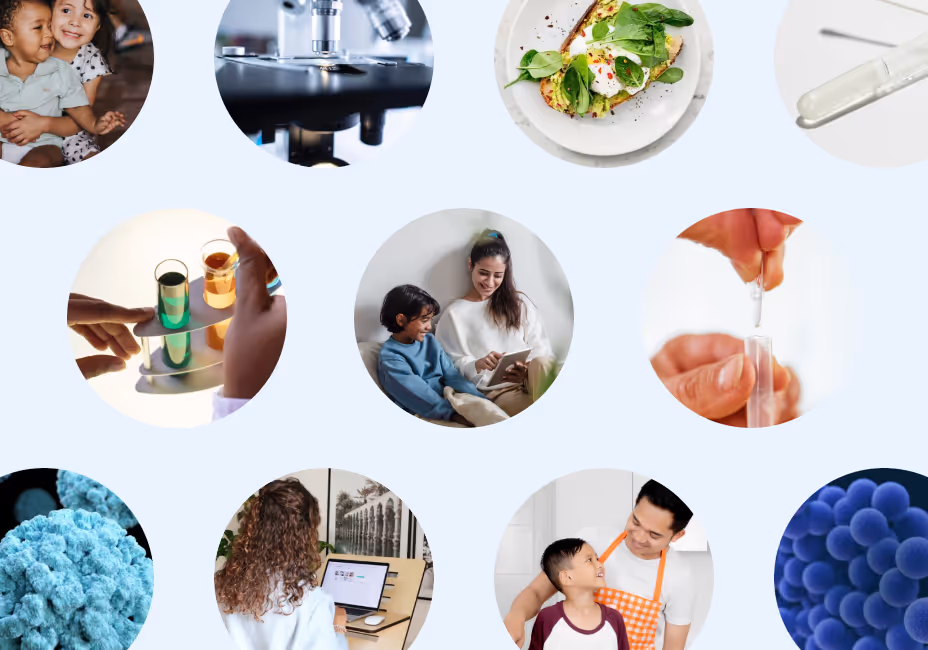 Collage of circular images including smiling children, a microscope, a healthy dish, test tubes with colorful liquids, a woman and child reading, a hand using a dropper, a person working on a laptop, a father and son smiling, and microscopic views of cells.