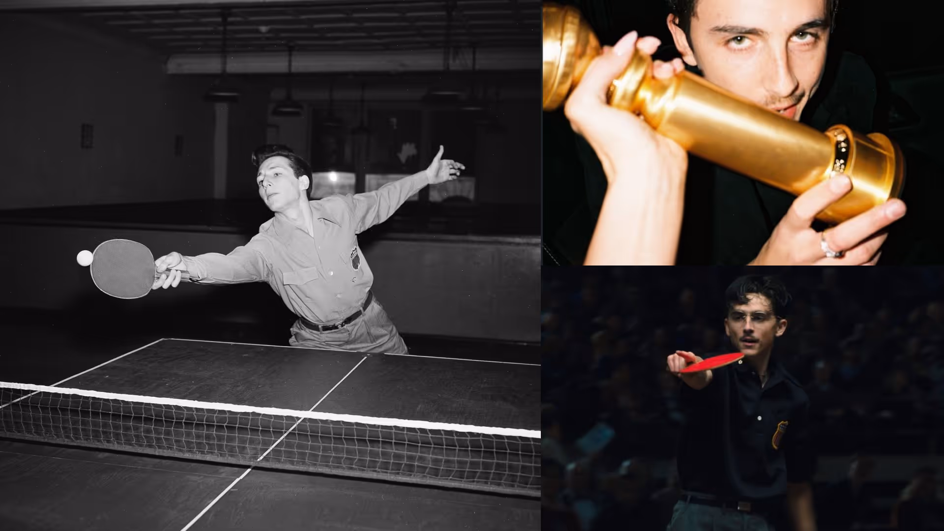 Collage showing a black-and-white photo of a young man playing table tennis, a man holding a golden trophy closely, and a man aiming to hit a ping pong ball with a paddle in a dark setting.
