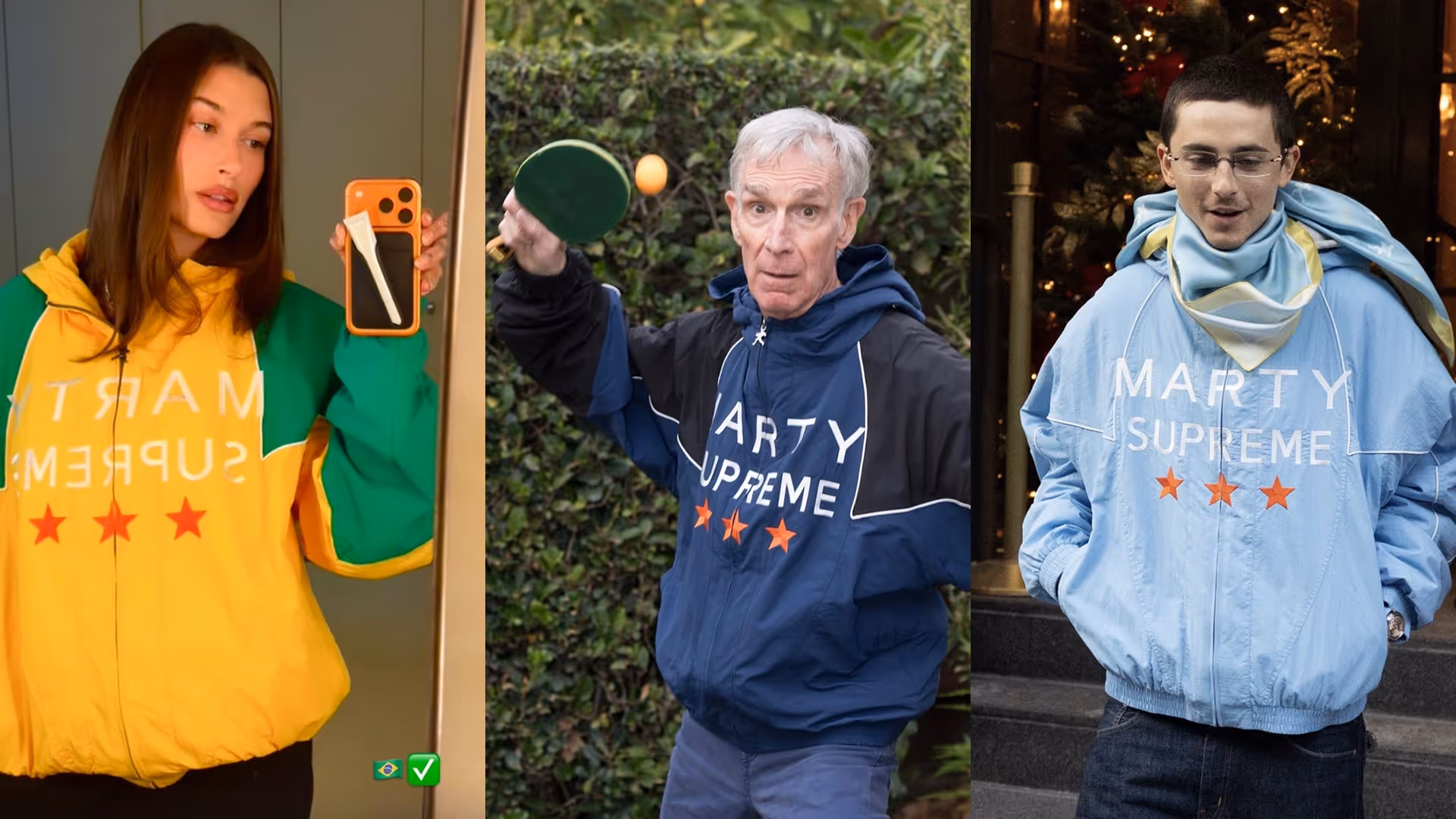 Three people wearing Marty Supreme jackets: a woman in yellow and green taking a mirror selfie, an older man in navy playing table tennis, and a young man in light blue standing outside.