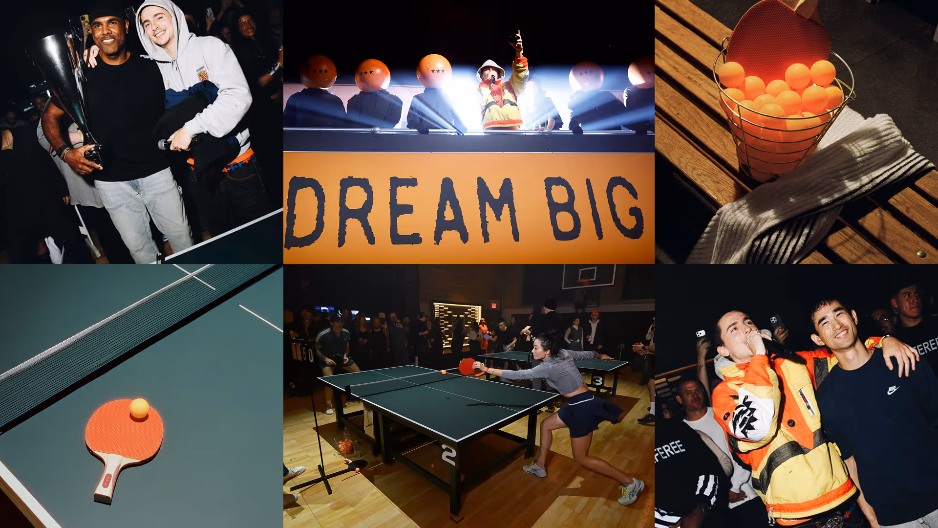 Collage of six images featuring people playing and celebrating ping pong, a close-up of a paddle with a ball, a basket of orange ping pong balls, and a banner with 'DREAM BIG' text.