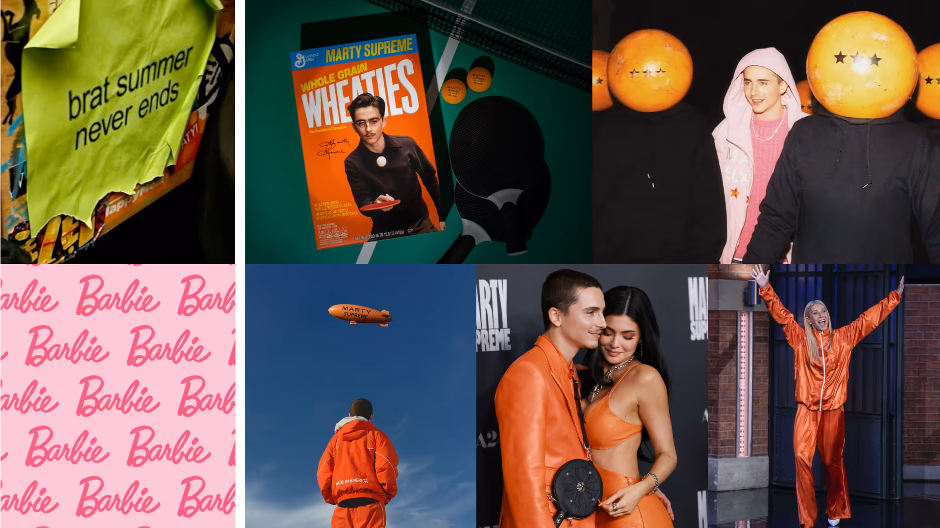 Collage featuring a green torn paper with 'brat summer never ends', a Wheaties box with Marty Supreme, people with orange ball heads, repeated Barbie text, person in orange outfit looking at a Marty Supreme blimp, couple in orange attire embracing, and a person in orange tracksuit cheering.
