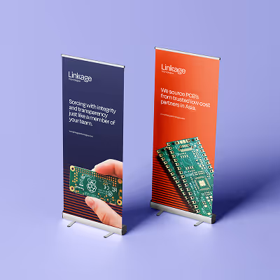 Two standing banners on a purple background; left banner has a hand holding a circuit board with text about scoring with integrity, right banner shows multiple green circuit boards with text about sourcing PCBs from partners in Asia.