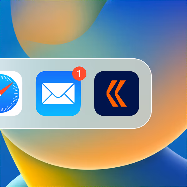 Close-up of a mobile device dock showing Safari, Mail app with one unread message, and an app with two orange chevrons on a dark background.