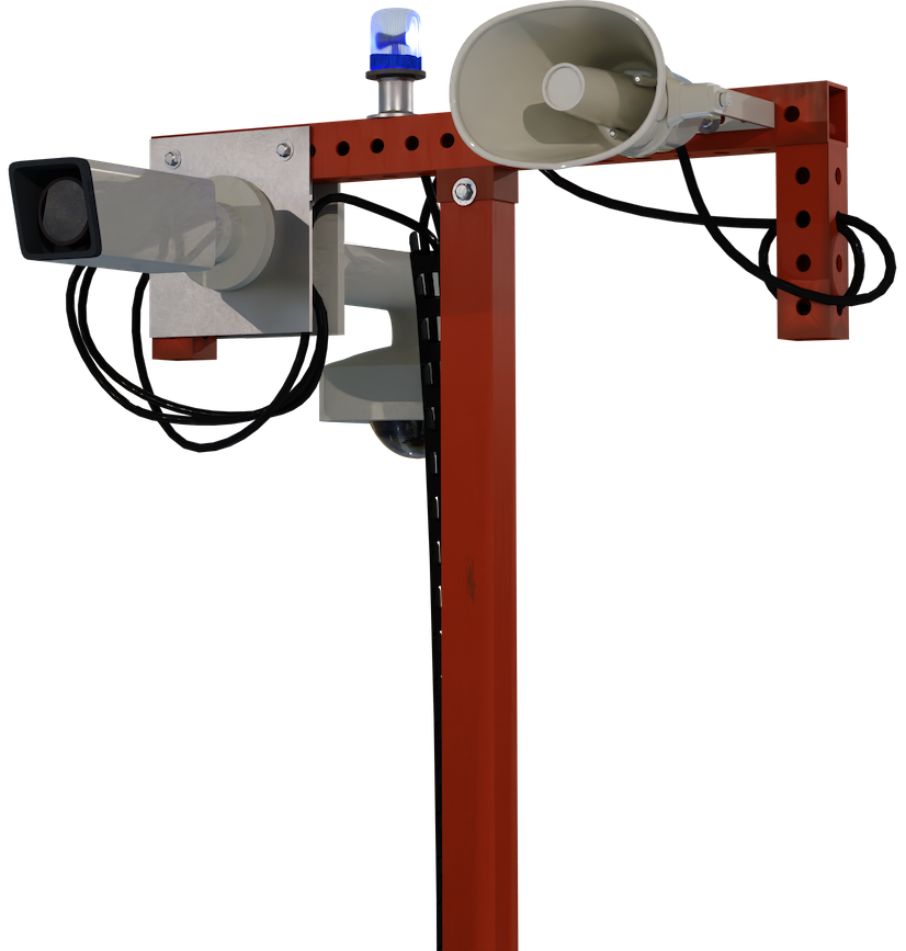 Close up of SmartGuard unit with a camera, loudspeaker, and blue alert light.