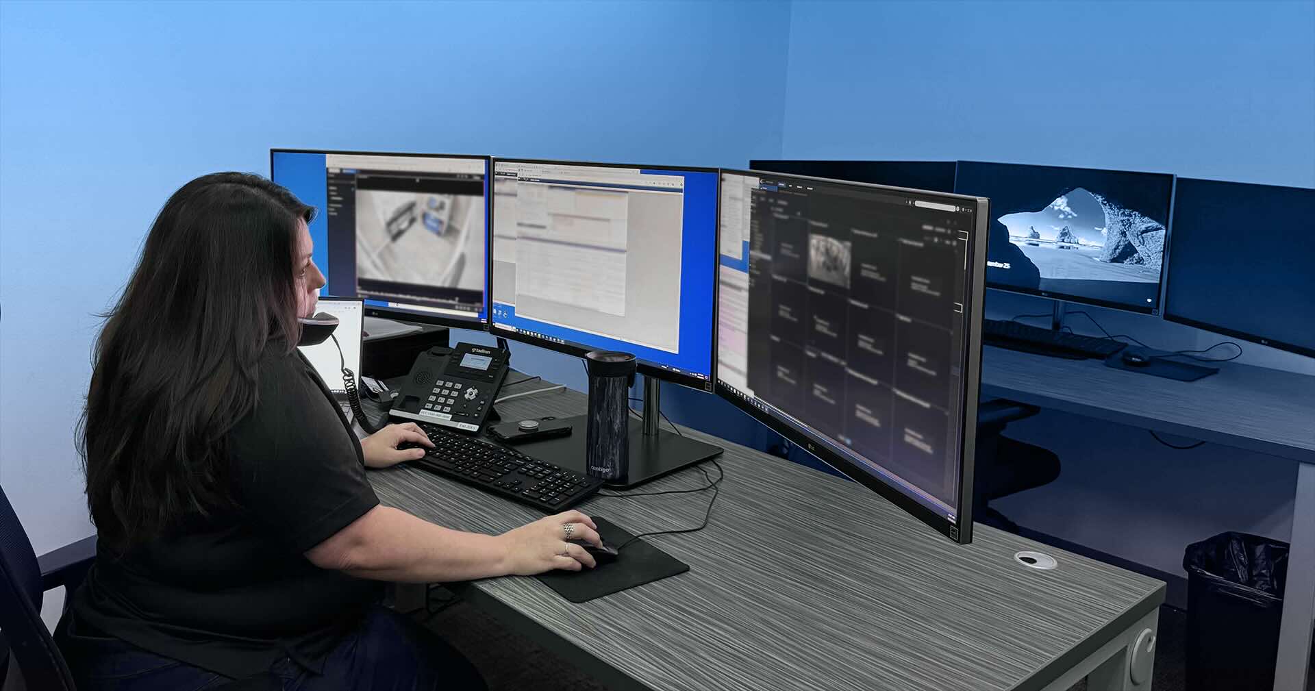 Monitoring agent sitting at desk in front of multiple monitors, observing security footage. 