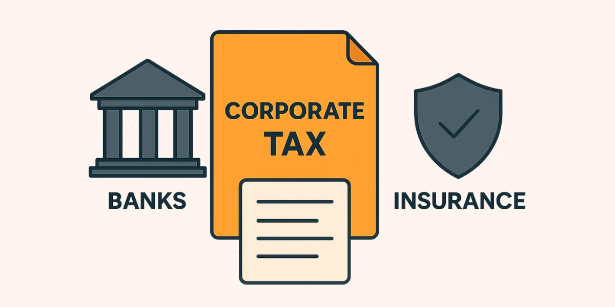 Minimalist flat illustration with a bank icon labeled BANKS, an insurance shield labeled INSURANCE, and a corporate tax document at the center for UAE tax rules.