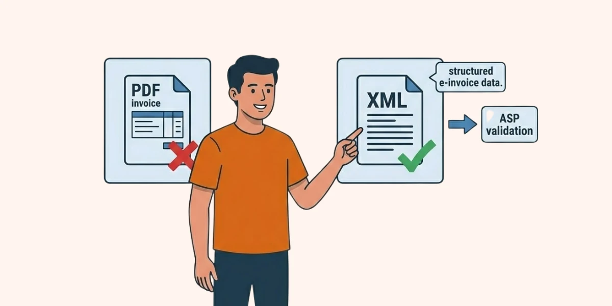 Tax Star character comparing PDF versus e-invoice UAE with structured e-invoice data in XML and a validation check
