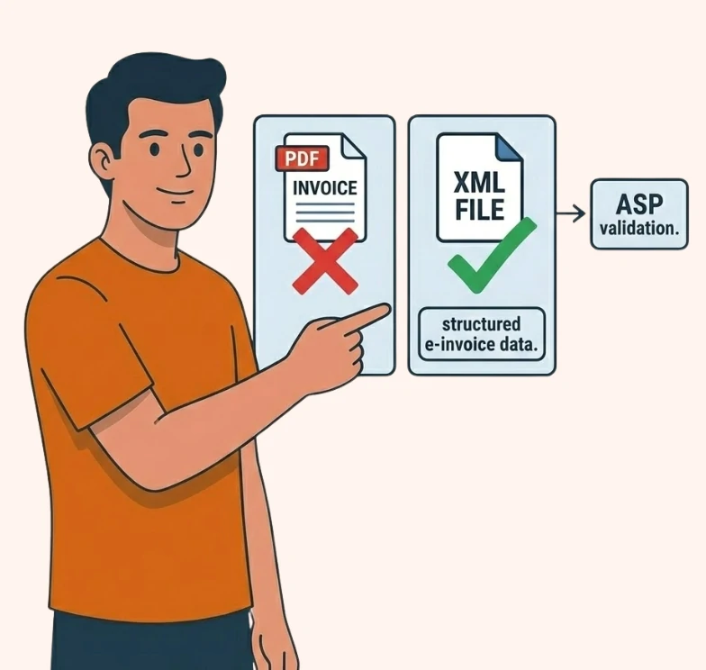 PDF versus e-invoice UAE graphic showing PDF not accepted and XML structured e-invoice data accepted