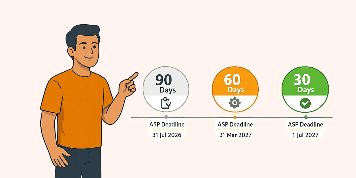 Tax Star character pointing to a 90 day UAE e-invoicing countdown with ASP deadline milestones for 31 Jul 2026, 31 Mar 2027, and 1 Jul 2027