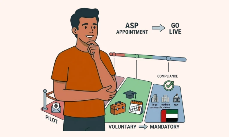 UAE e-invoicing rollout phases illustration showing pilot, voluntary, and mandatory stages with Tax Star character, ASP appointment, and go live path