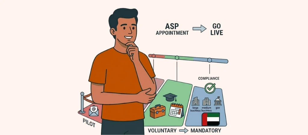 Tax Star character thinking through UAE e-invoicing rollout phases from pilot and voluntary stage to mandatory compliance, with ASP appointment and go live timeline