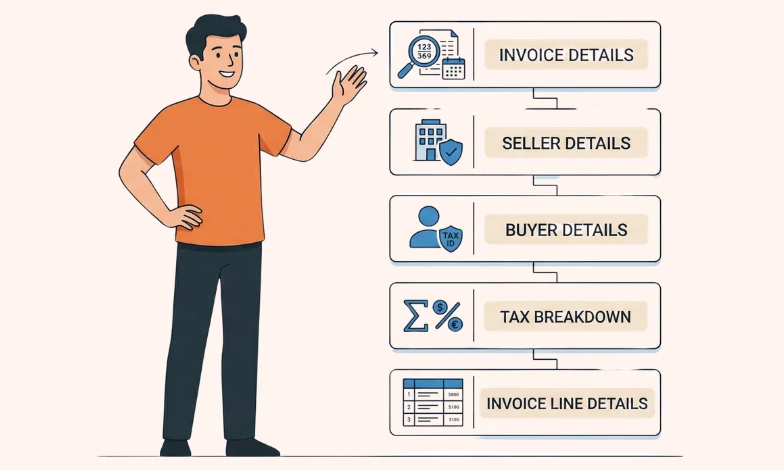 PINT AE UAE e-invoicing illustration showing structured invoice data fields with Tax Star character and key invoice sections