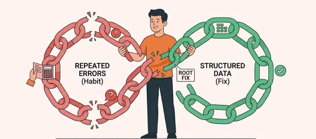 Tax Star character breaking the cycle of common UAE e-invoicing errors and moving from repeated mistakes to structured e-invoice data fixes