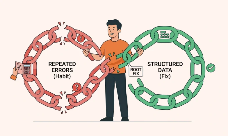 UAE e-invoicing errors illustration showing repeated invoice problems on one side and structured e-invoice data fixes on the other with Tax Star character