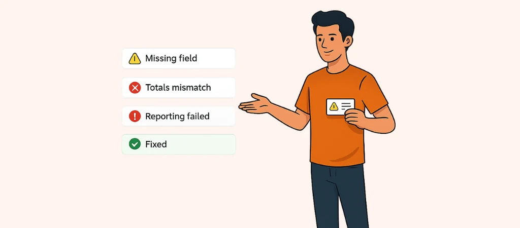Tax Star character fixing common UAE e-invoicing errors like missing fields, VAT mismatch, and wrong invoice codes