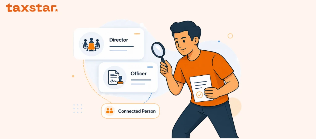 Tax Star character comparing director and officer under UAE corporate tax with connected person label and FTA clarification theme