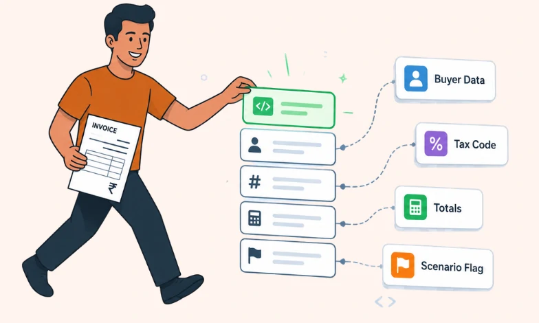 PINT AE UAE invoice data illustration with Tax Star character organizing structured e-invoice fields for UAE e-invoicing