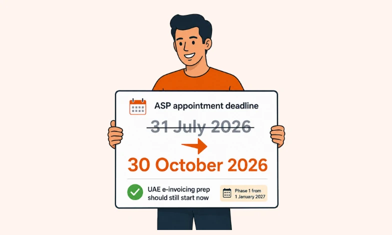 UAE e invoicing deadline shift illustration with Tax Star character explaining new ASP appointment date for businesses