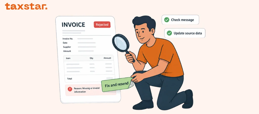 Tax Star character reviewing a UAE e-invoice rejection and showing a fast fix and resend workflow for finance teams