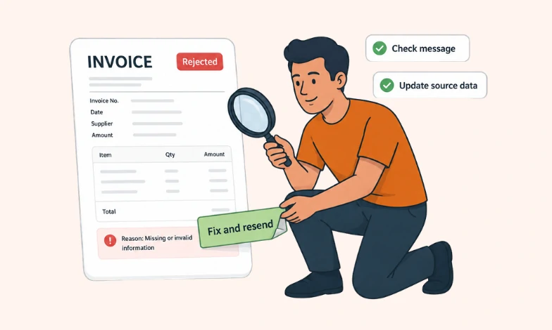 UAE e-invoice rejection workflow graphic with Tax Star character, rejected invoice card, and fix and resend action