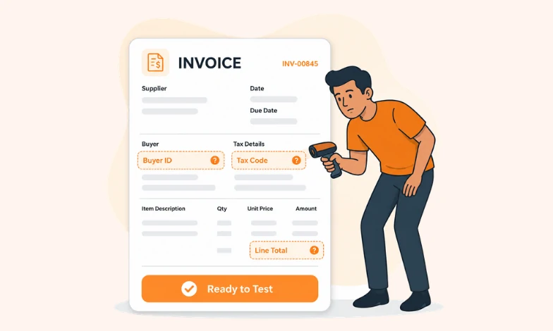 PINT AE mandatory fields graphic showing Tax Star character checking missing UAE e-invoice data