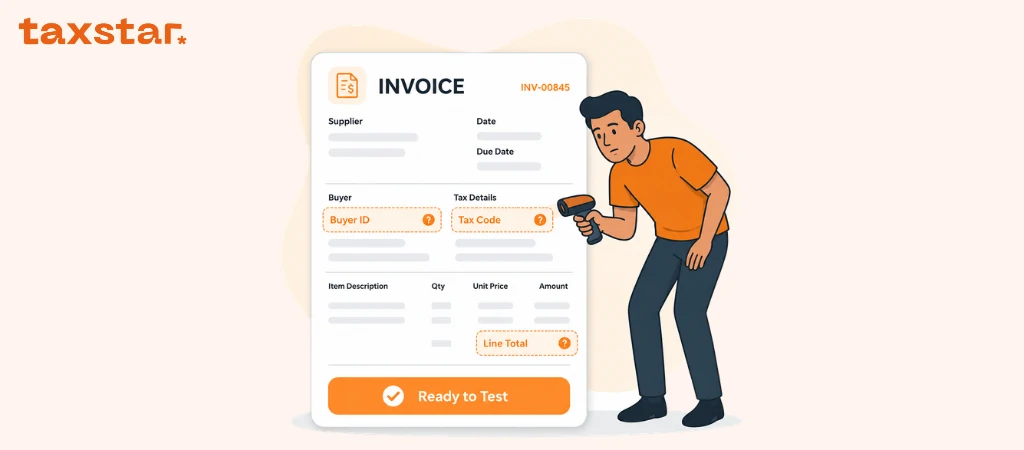 Tax Star character checking PINT AE mandatory fields for buyer ID, tax code, and invoice line totals before UAE e-invoice testing