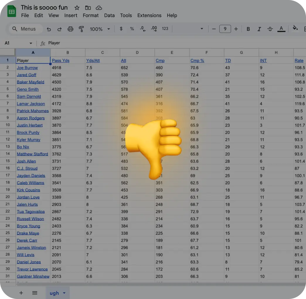 A thumbs down emoji over a giant, complex spreadsheet containing a long list of NFL players with their stats