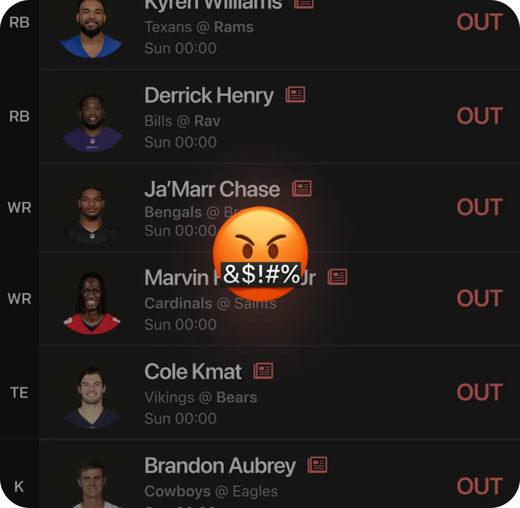 Screenshot of a fantasy football lineup decimated by injuries. Players like Raheem Mostert, Deebo Samuel, and Cooper Kupp are all marked with red 'Out' or 'Doubtful' icons. An angry emoji with symbols for swearing is placed over the team to express frustration.