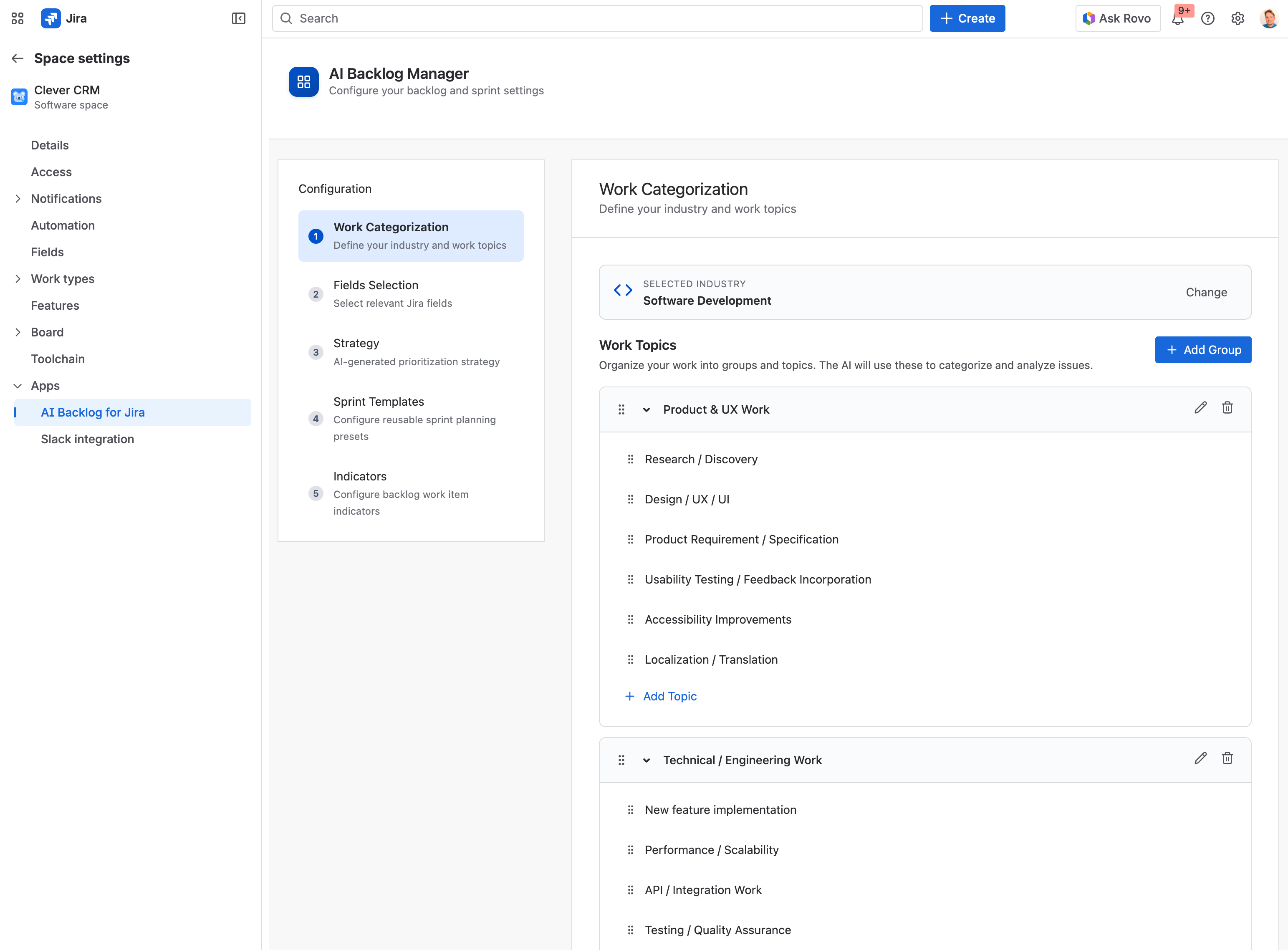 Template configuration screen