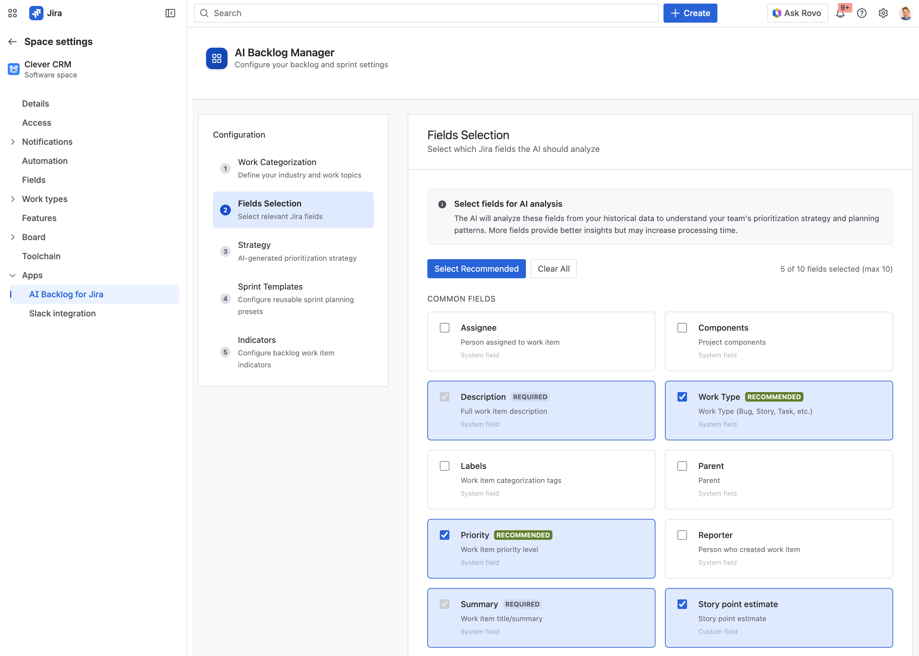 Template configuration screen