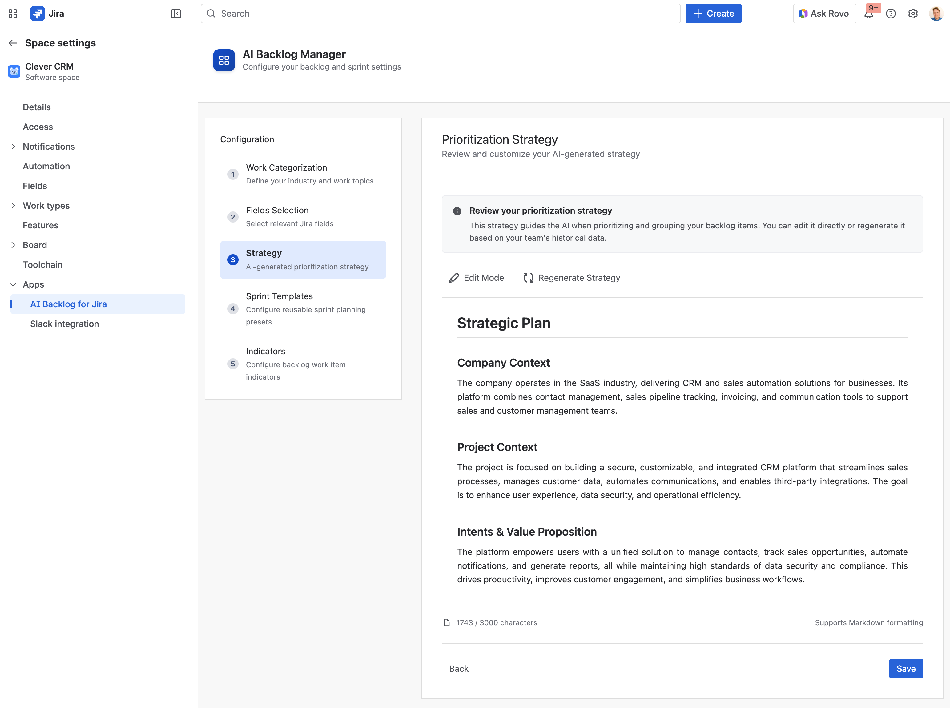 Template configuration screen