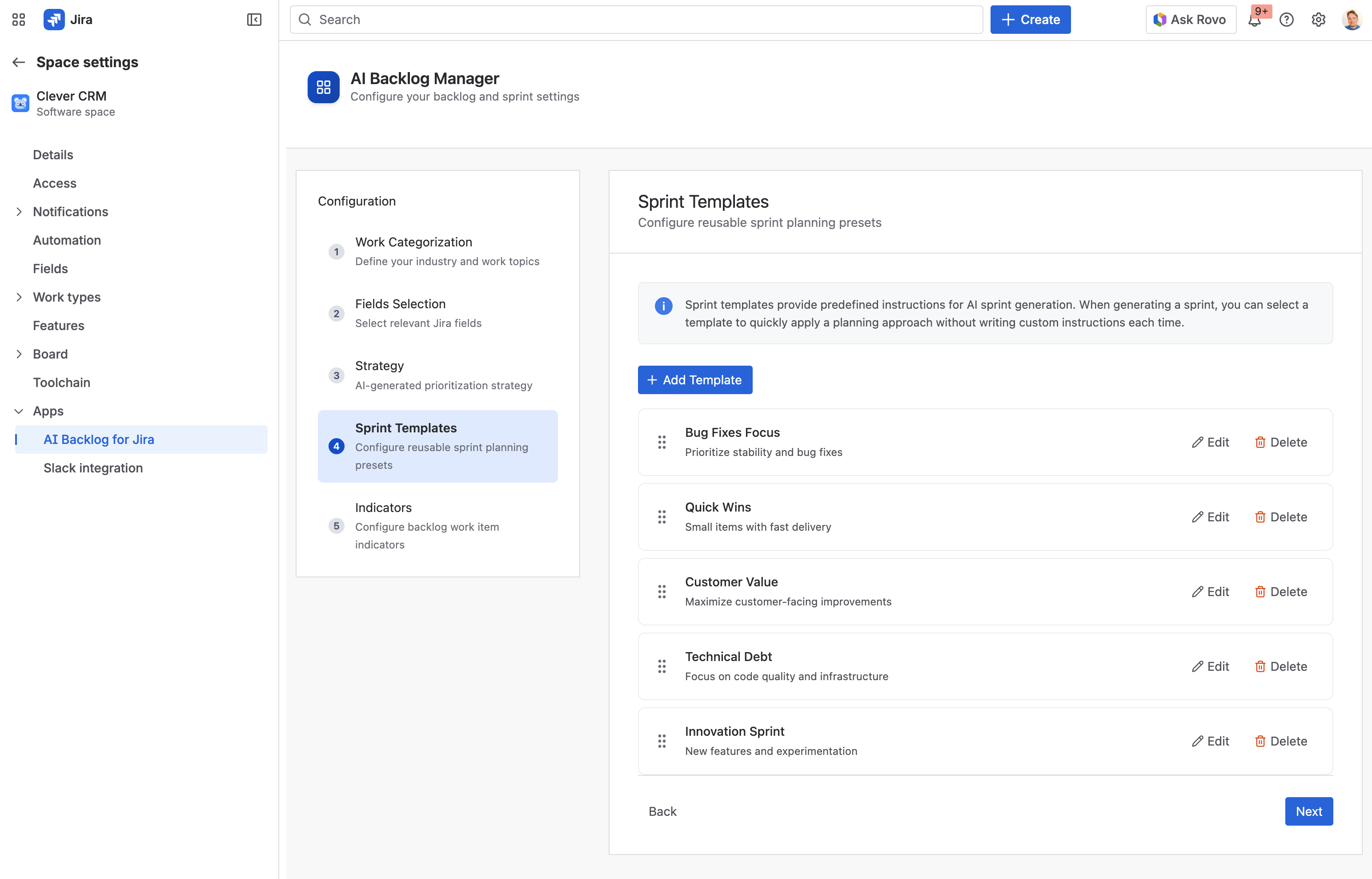 Template configuration screen