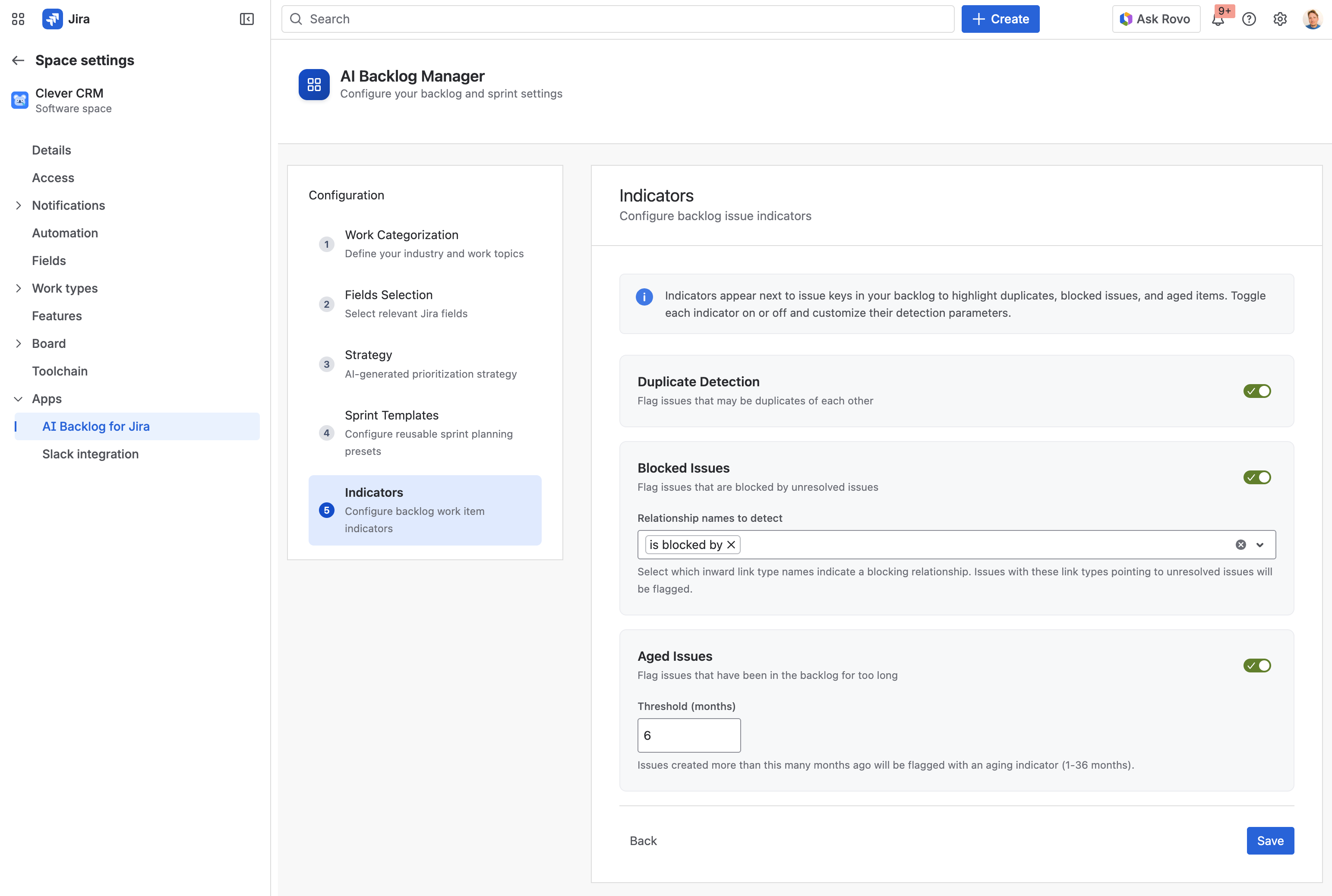 Template configuration screen