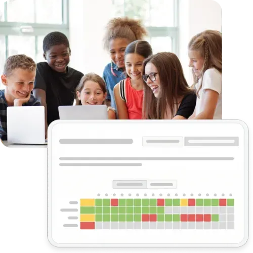 Photograph of a smiling teacher and students looking at a screen in a classroom, overlaid with a tablet interface displaying a color-coded Assignment Report.