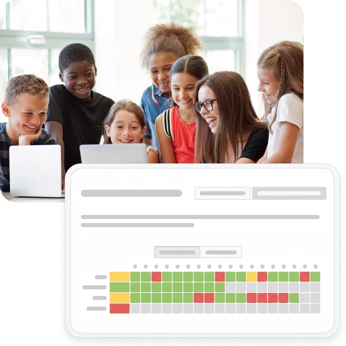 Photograph of a smiling teacher and students looking at a screen in a classroom, overlaid with a tablet interface displaying a color-coded Assignment Report.