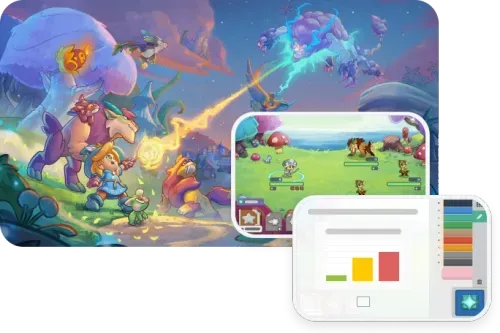 Illustration of an epic wizard battle in the Prodigy Math game, overlaid with tablet screens displaying in-game combat and a math question interface.